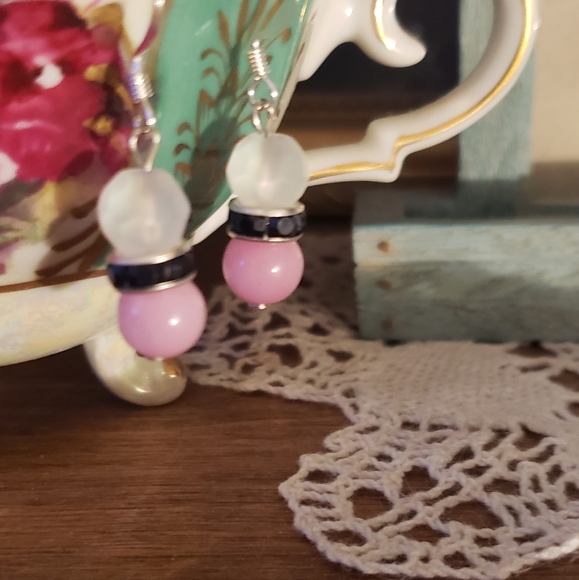 Pink & Frosted Glass Hand Crafted Drop Earrings - Picture 4 of 5